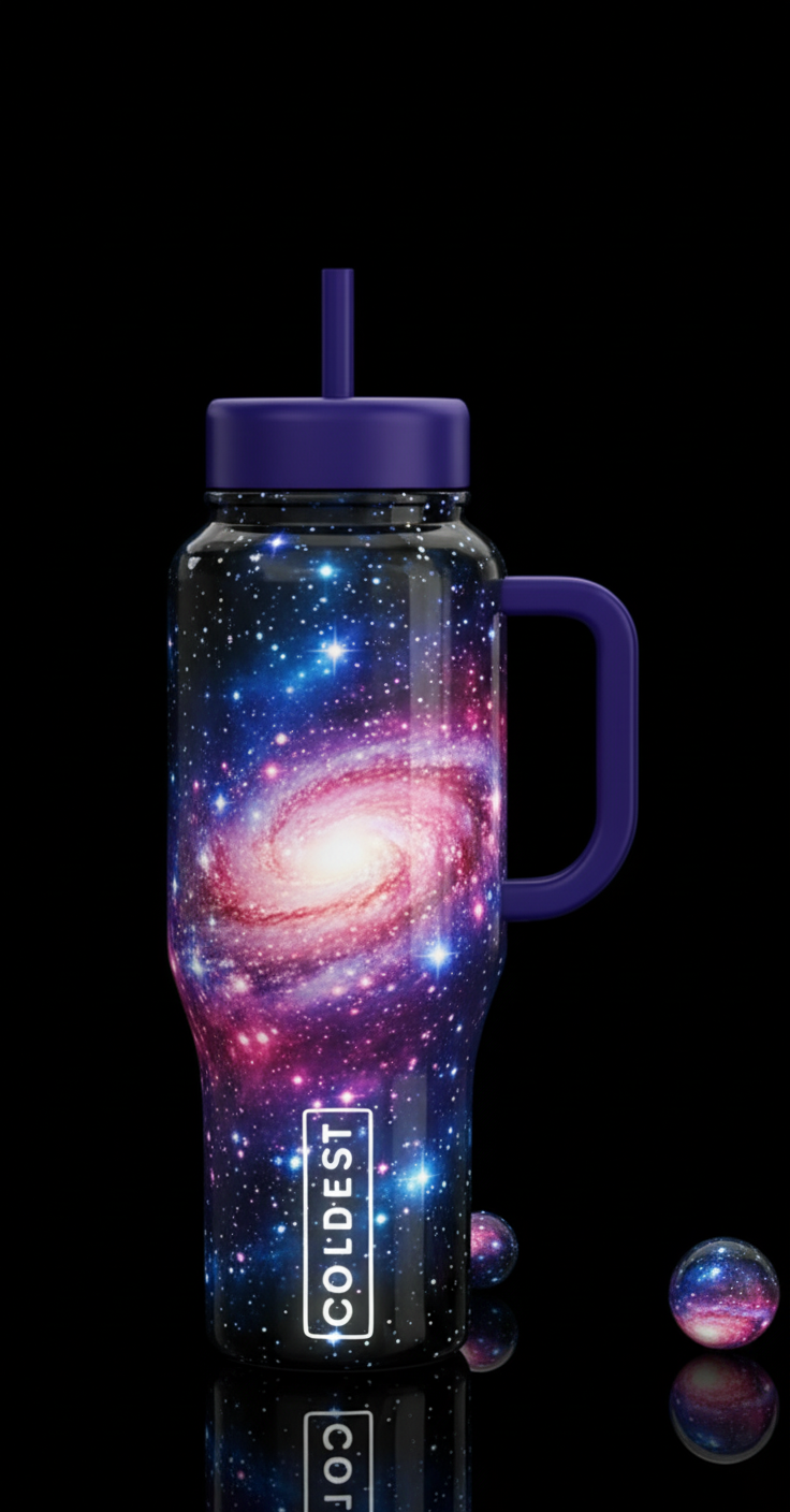 Cosmic glow in the dark galaxy water bottle design