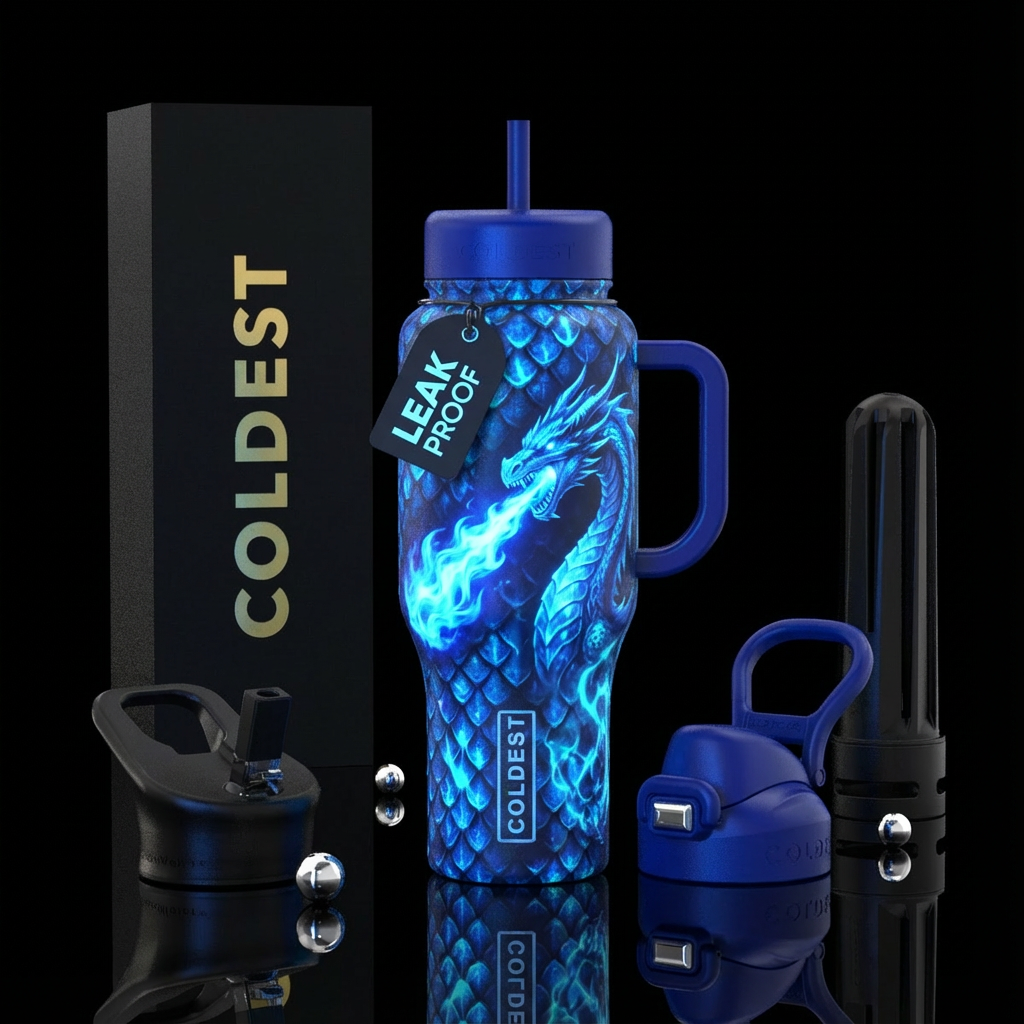 A blue glowie dragon with a flam coming out of its... water bottle design
