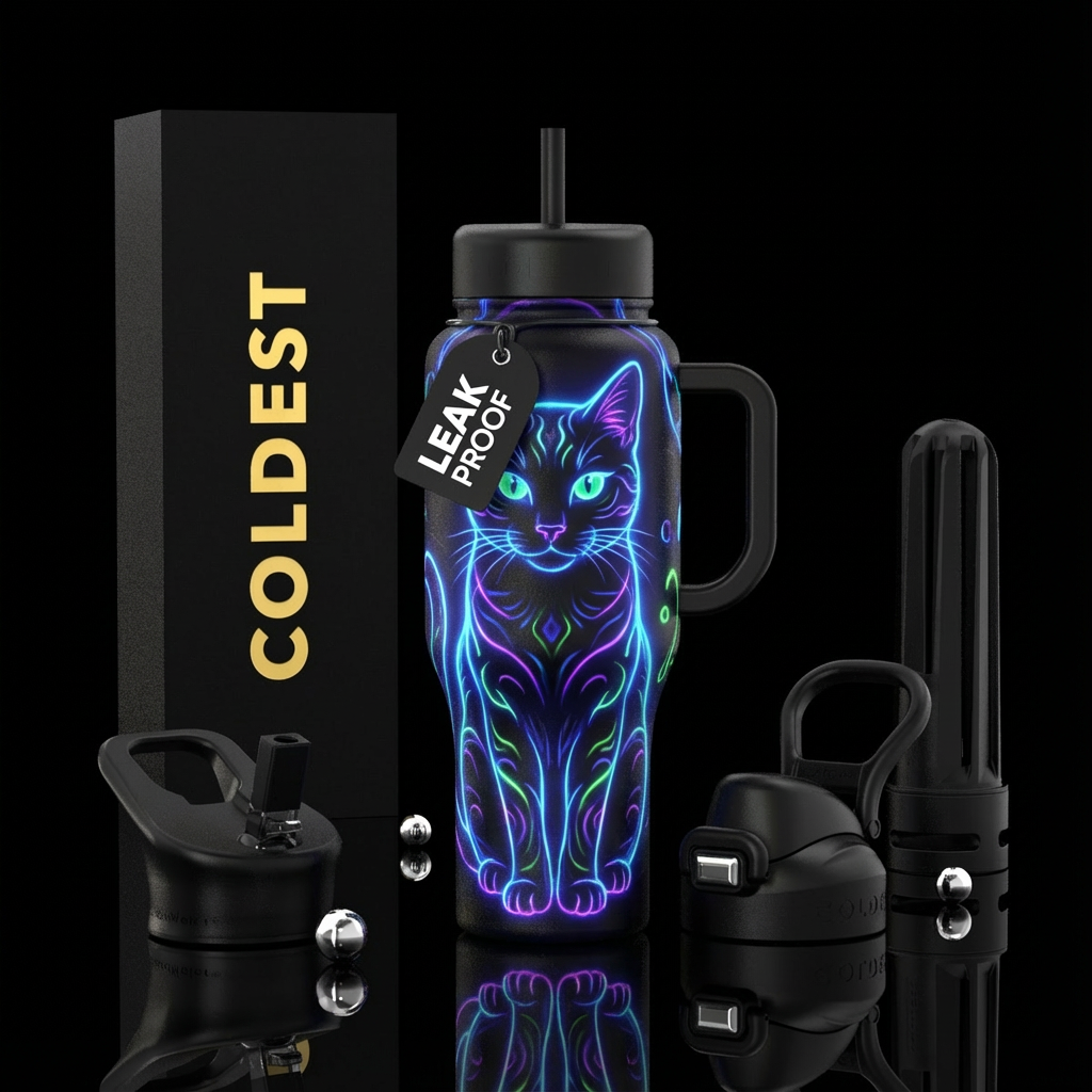 A glowie black cat water bottle design