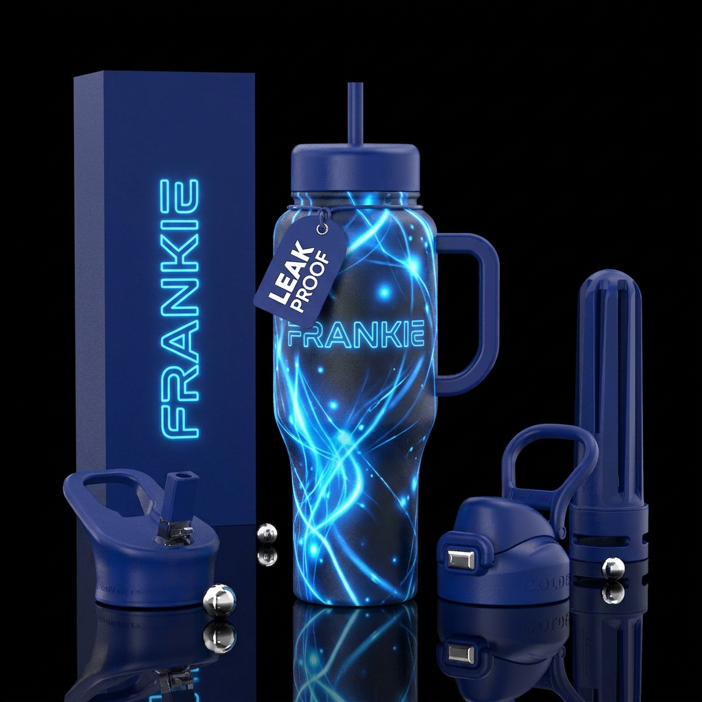 Blue bottle glowie with Frankie name water bottle design