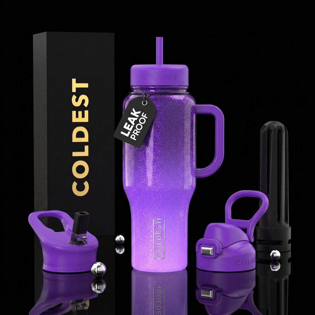 Ombre purple glowie glitter water bottle design