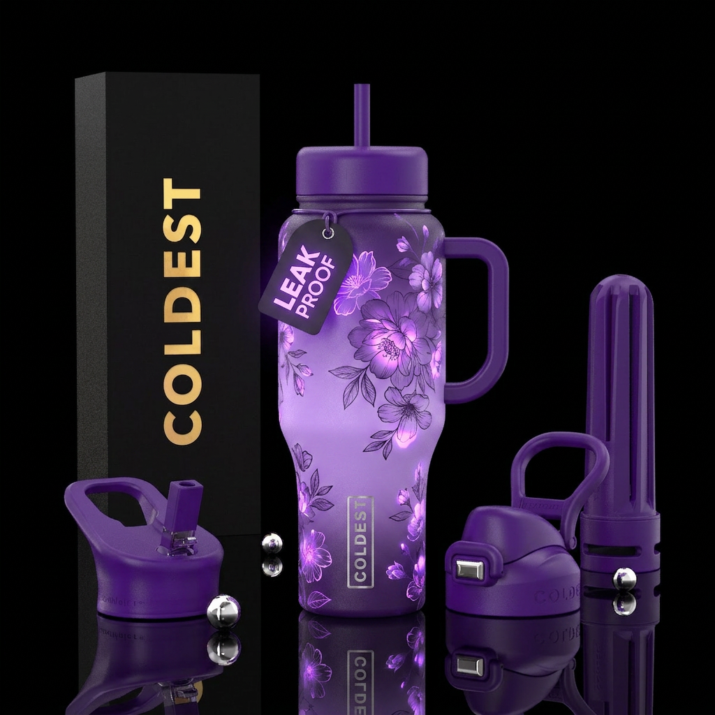 Ombre purple with flowers that glow water bottle design