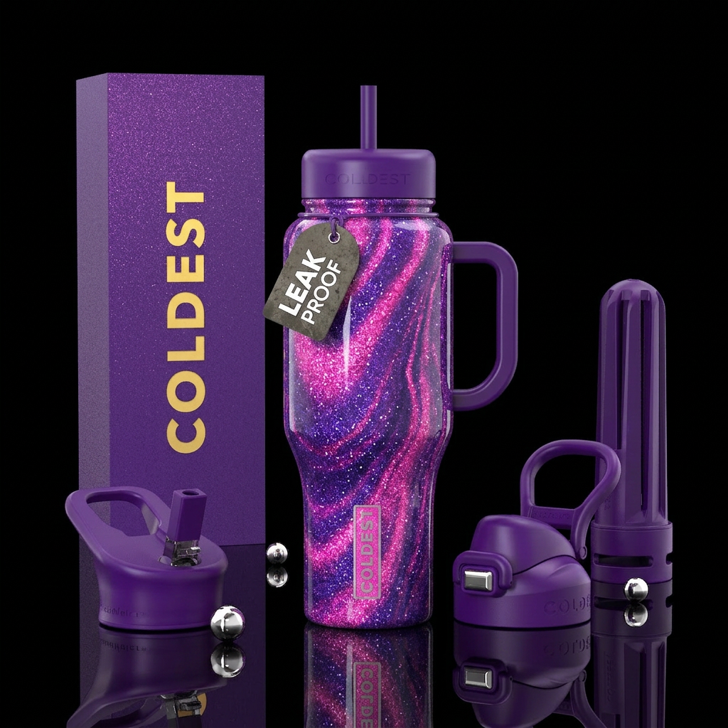 Purple and and pink glitter swirl glowie water bottle design