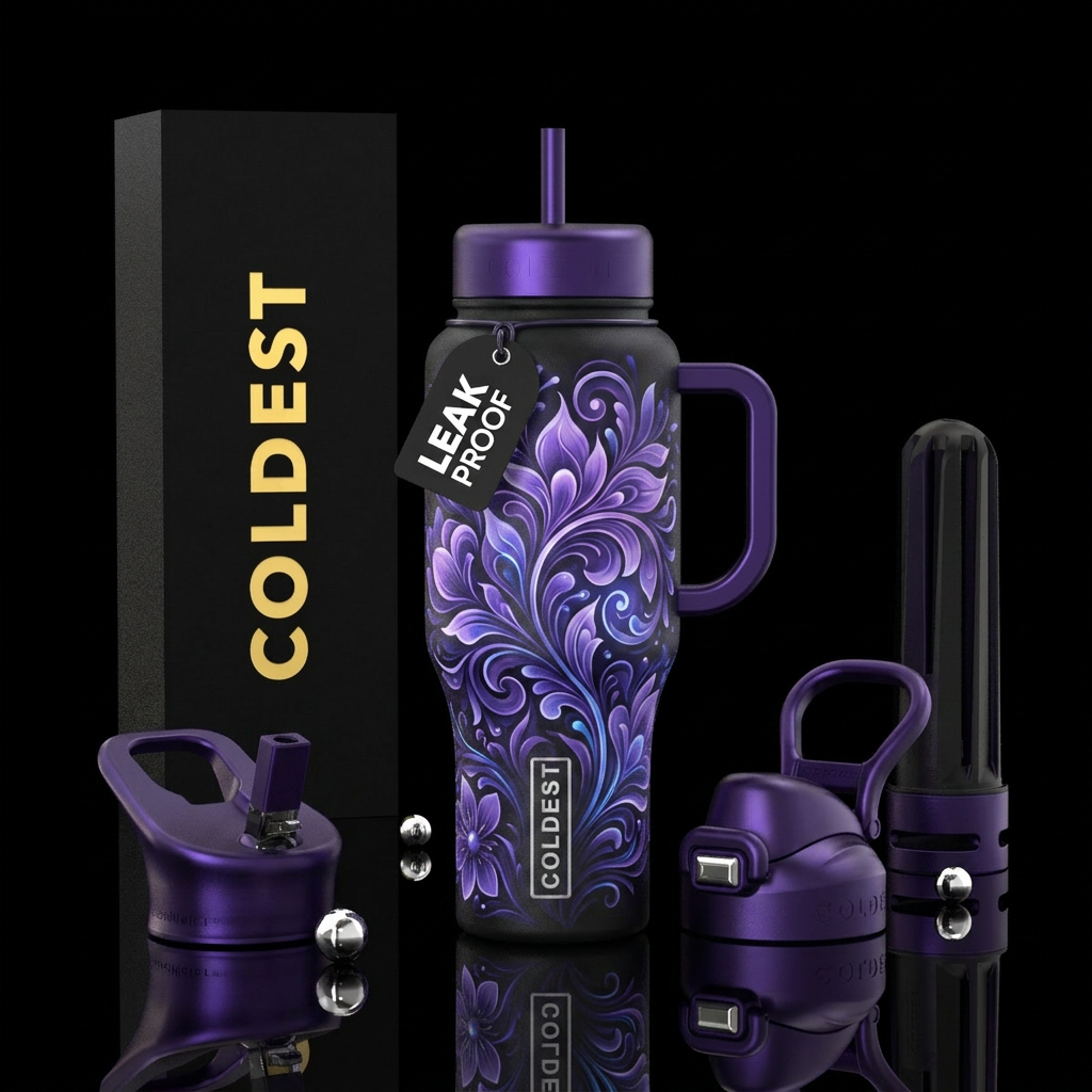 V9 purple moonlight floral swirly glowie water bottle design