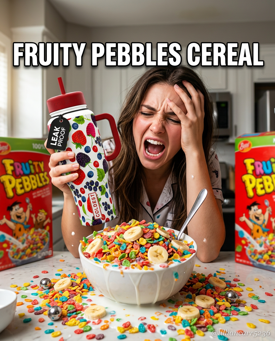 Fruty pebbles cereal with bananas and milk water bottle design