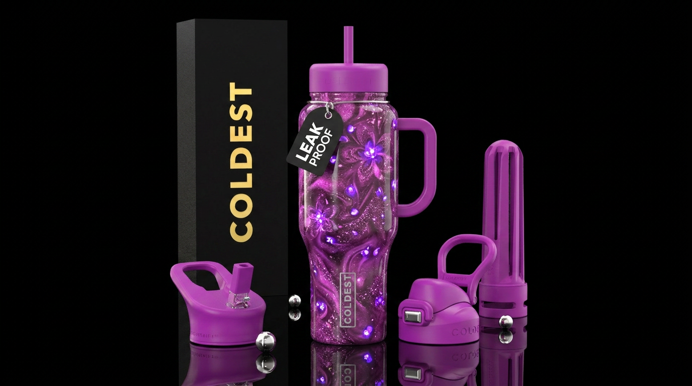 Unique purple glowie with swirls and glitter flora... water bottle design