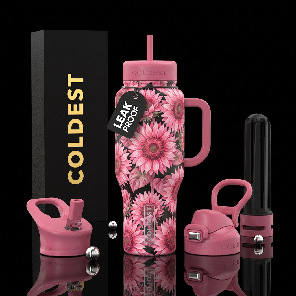 Pink sunflowers floral water bottle design