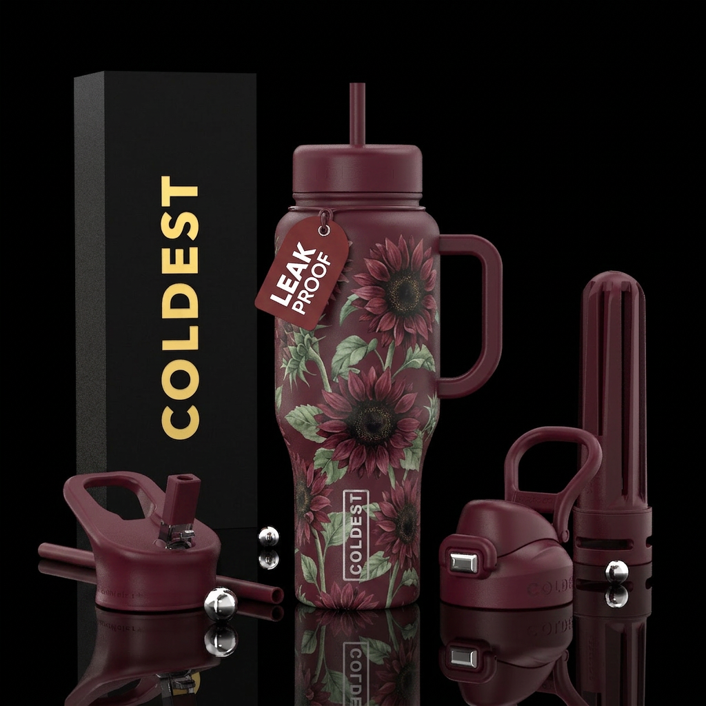 Burgundy sunflower florals water bottle design