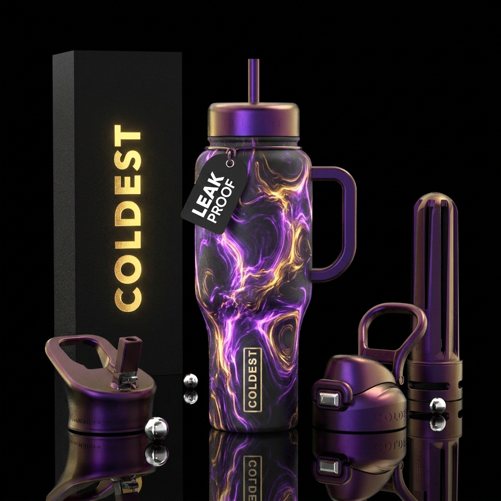 Purple and gold glowie water bottle design