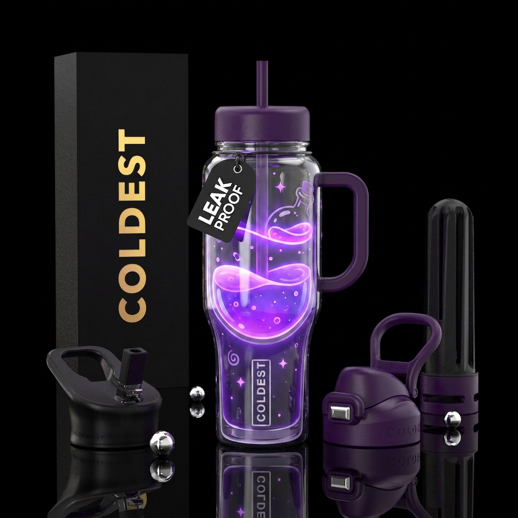 Whimsical purple potions glowie water bottle design