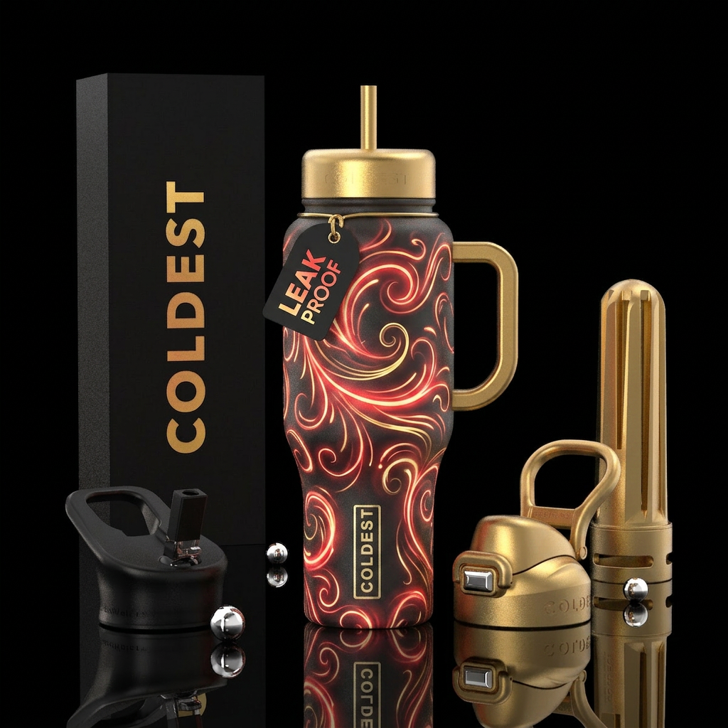 Whimsical red and gold swirls glowie water bottle design