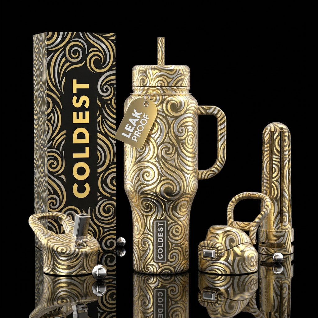 Gold and silver swirls glow whimsical water bottle design