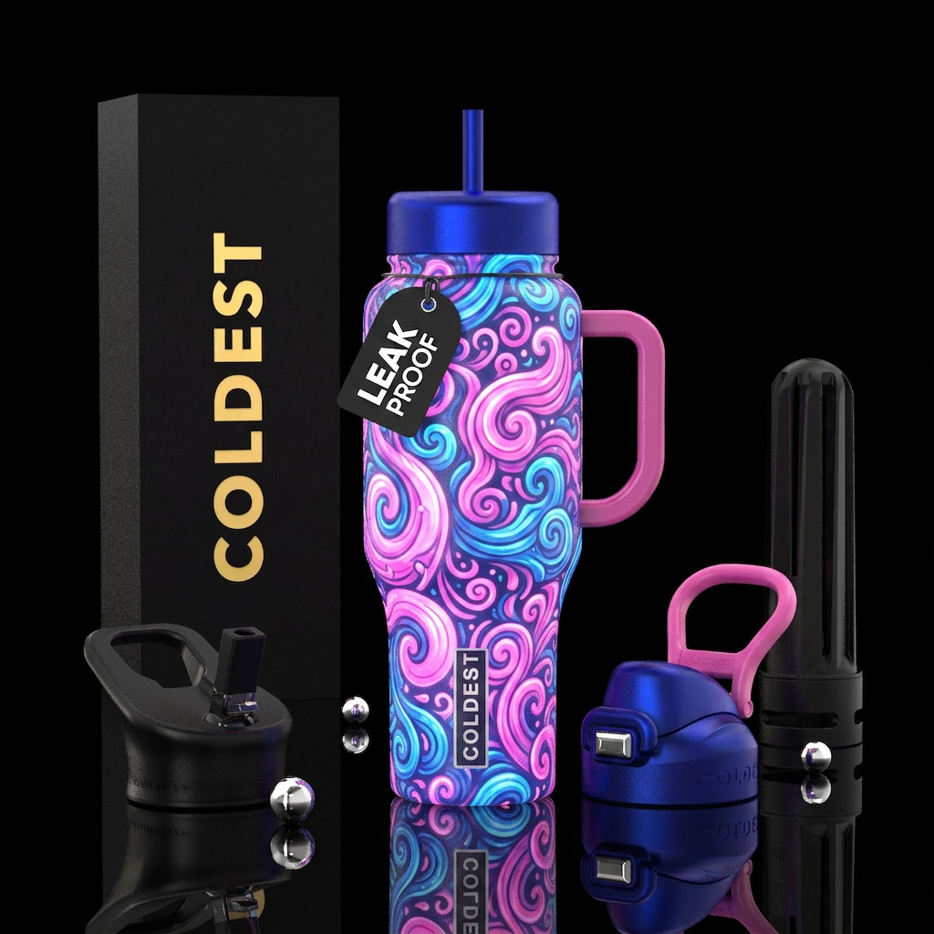 Pink and blue swirls glowie whimsical water bottle design