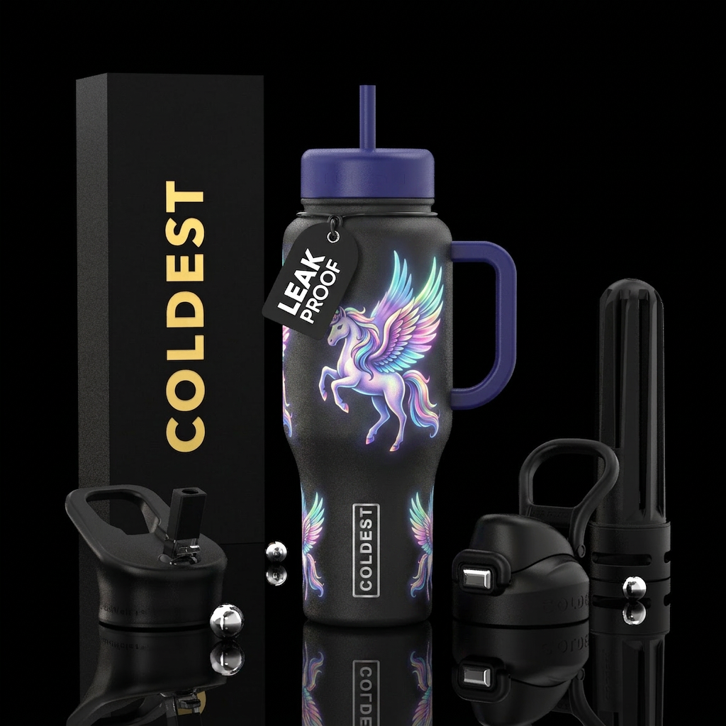 Whimsical unicorn flying with glowing wings water bottle design