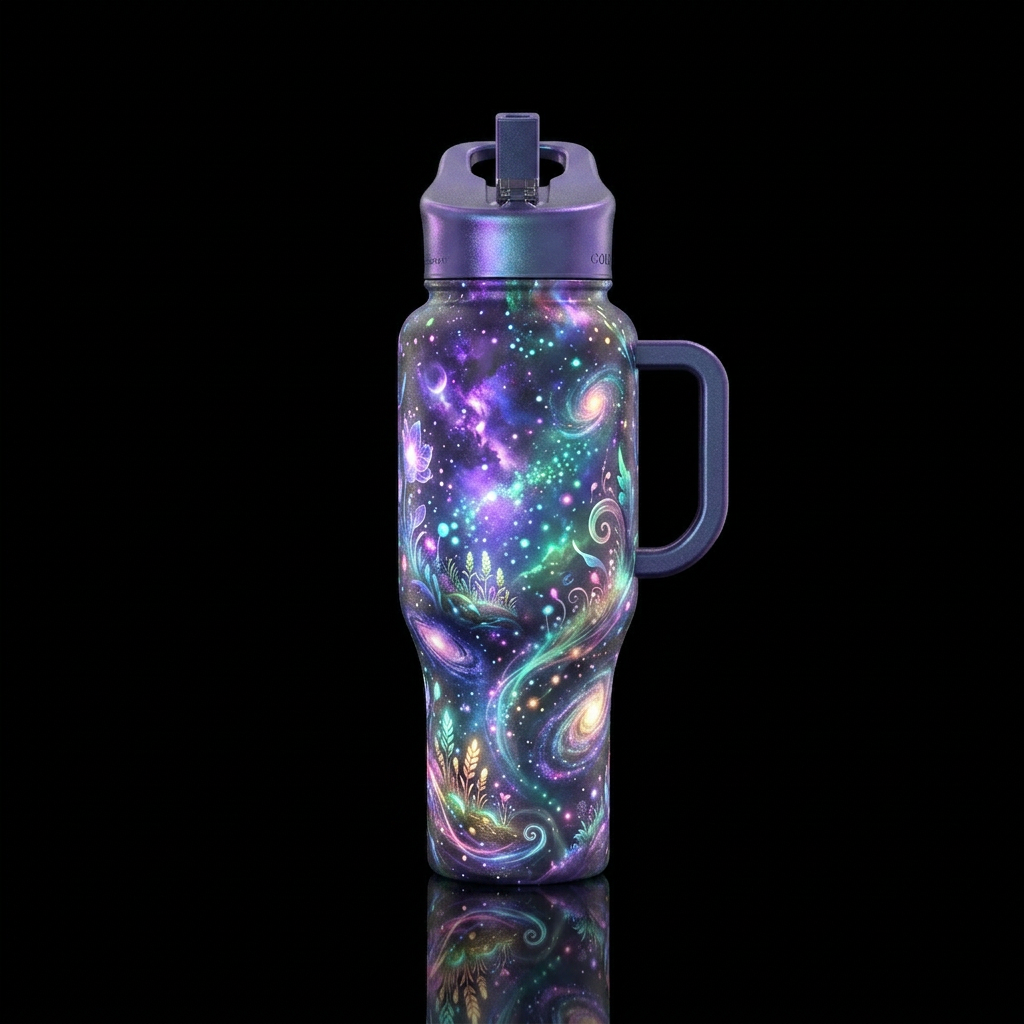 Whimsical magical glowie aura farming water bottle design