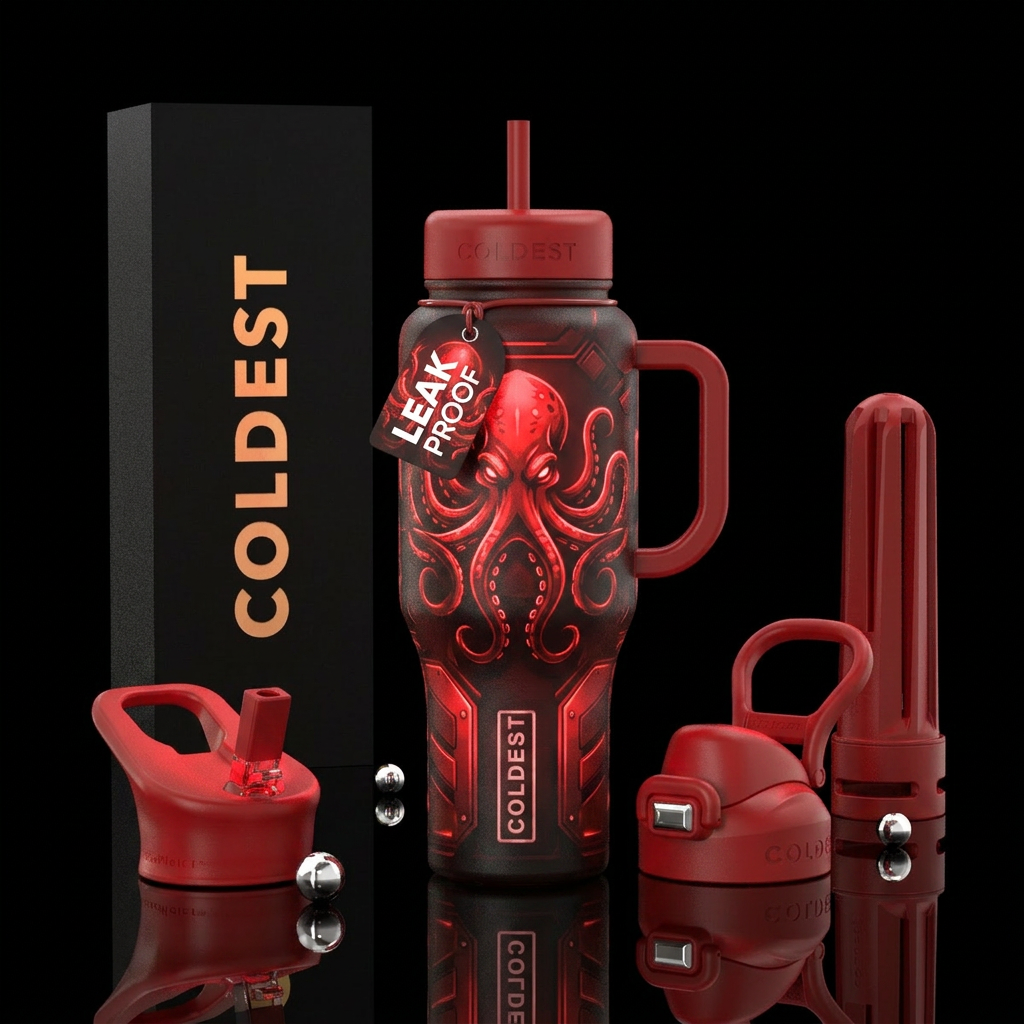 Red kraken leaky joe glowing water bottle design