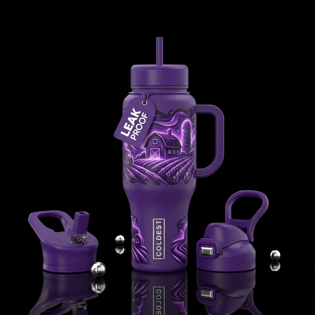 Whimsical purple aura farming glowing water bottle design