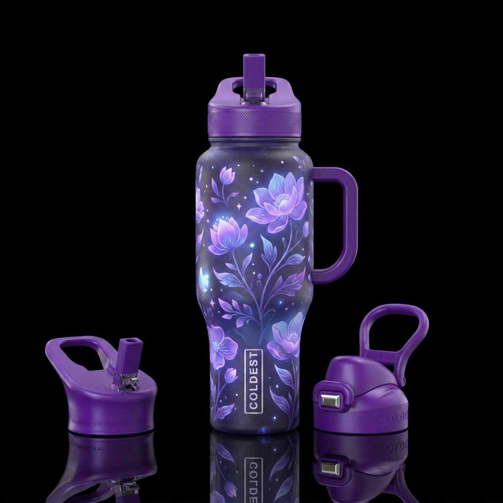 Whimsical purple moonlight floral glowing water bottle design