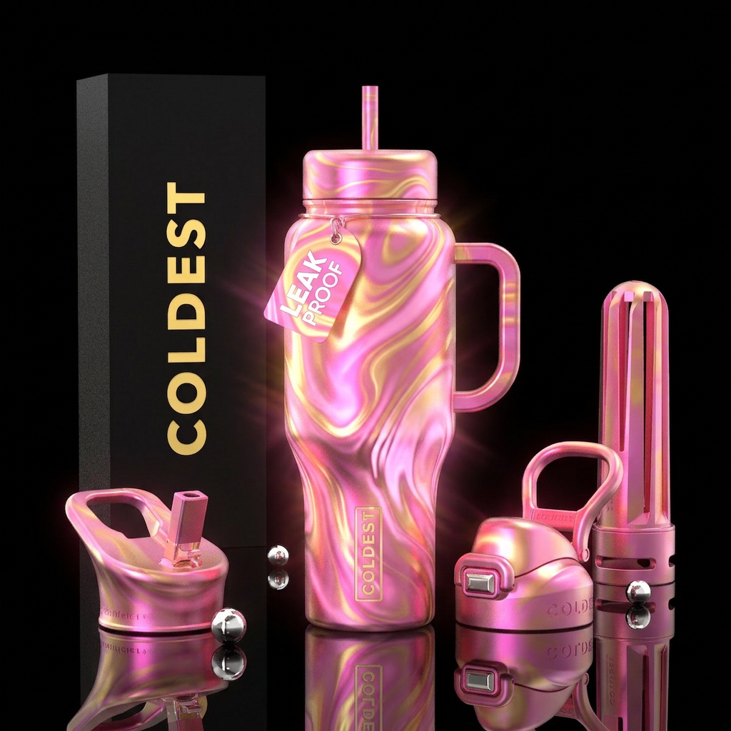Pink and gold with swirls glowing water bottle design