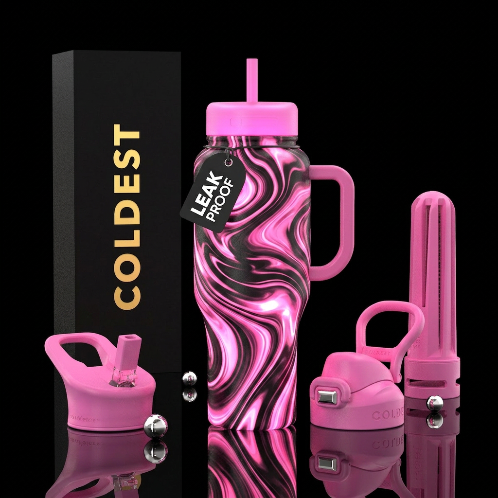 Pink and black swirls with glowing water bottle design