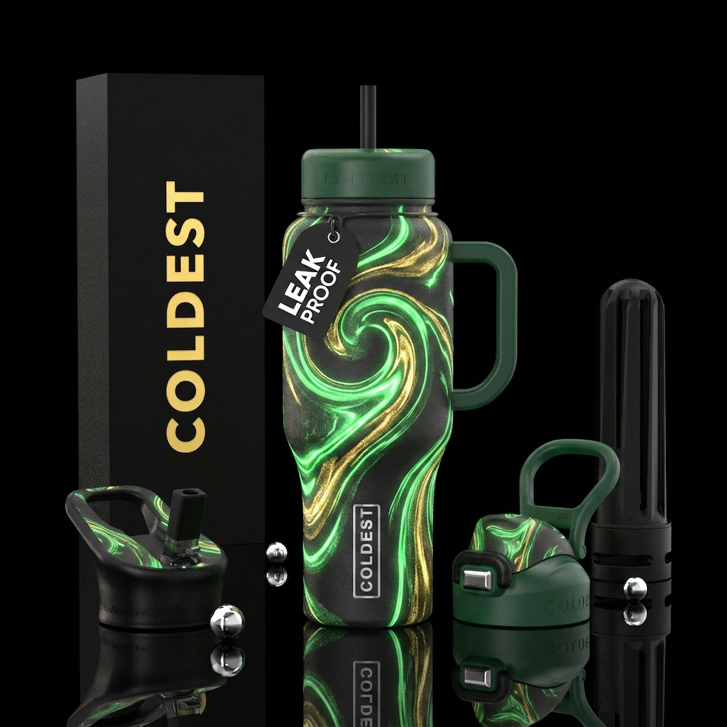 Green and gold  glow swirls with glow water bottle design