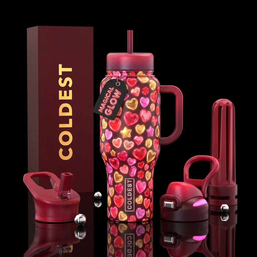 Magical Valentine’s Day glowing candies hearts water bottle design