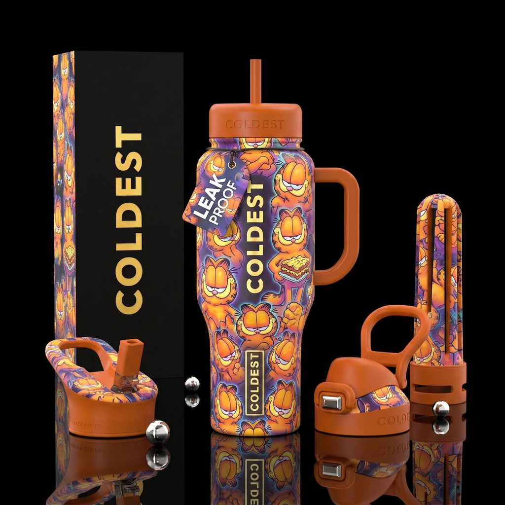 Whimsical glowie garfield cat water bottle design