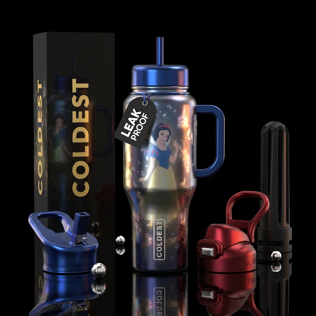 Whimsical glowing snowwhite in Disneyland water bottle design