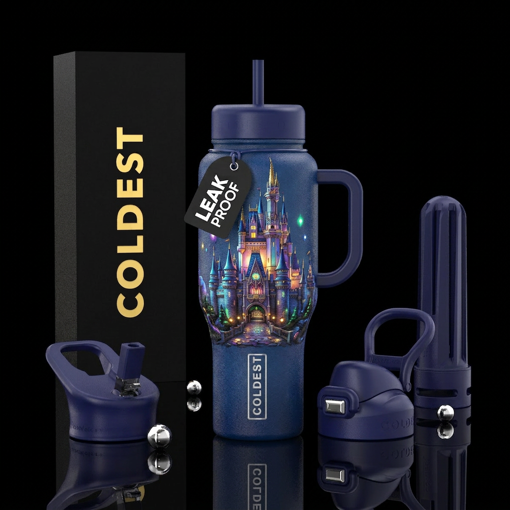 Whimsical magical glowie castle with lights water bottle design