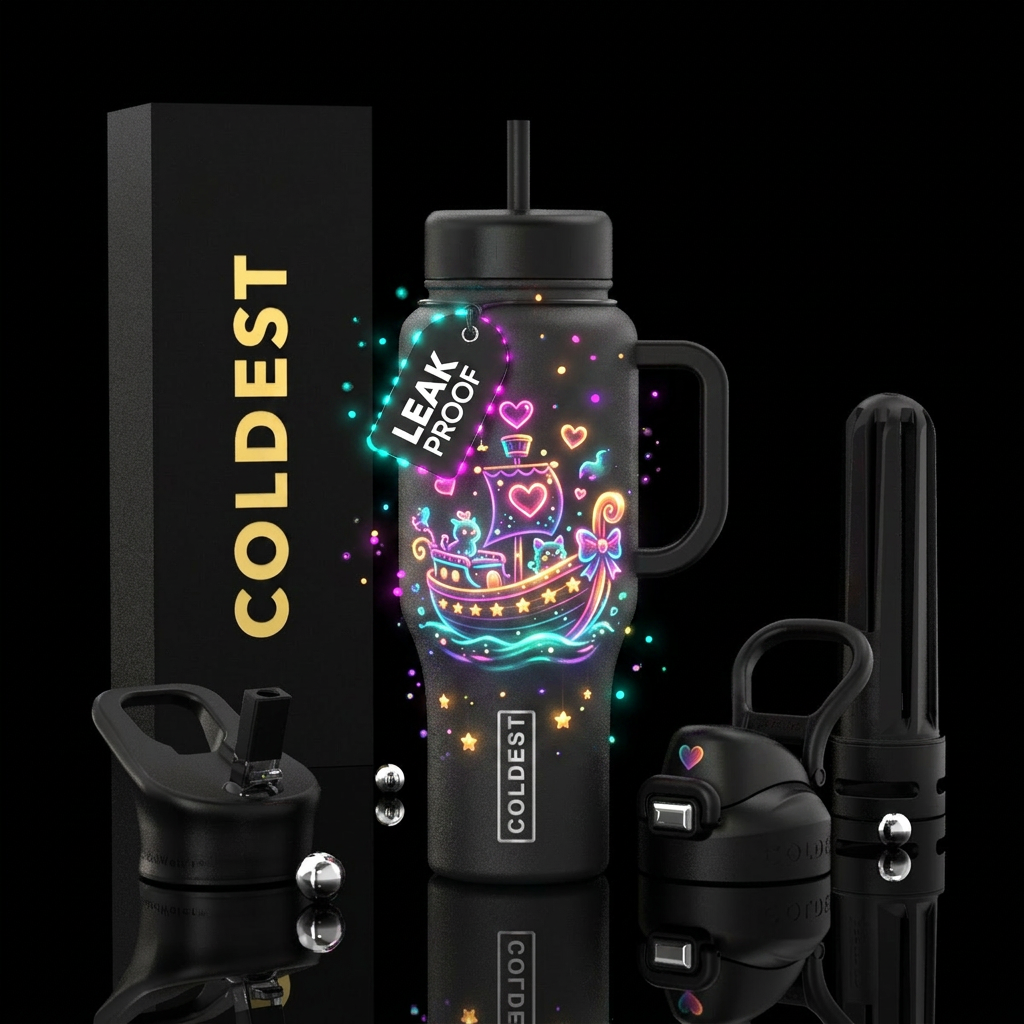 Whimsical magical love boat glowie with lights water bottle design