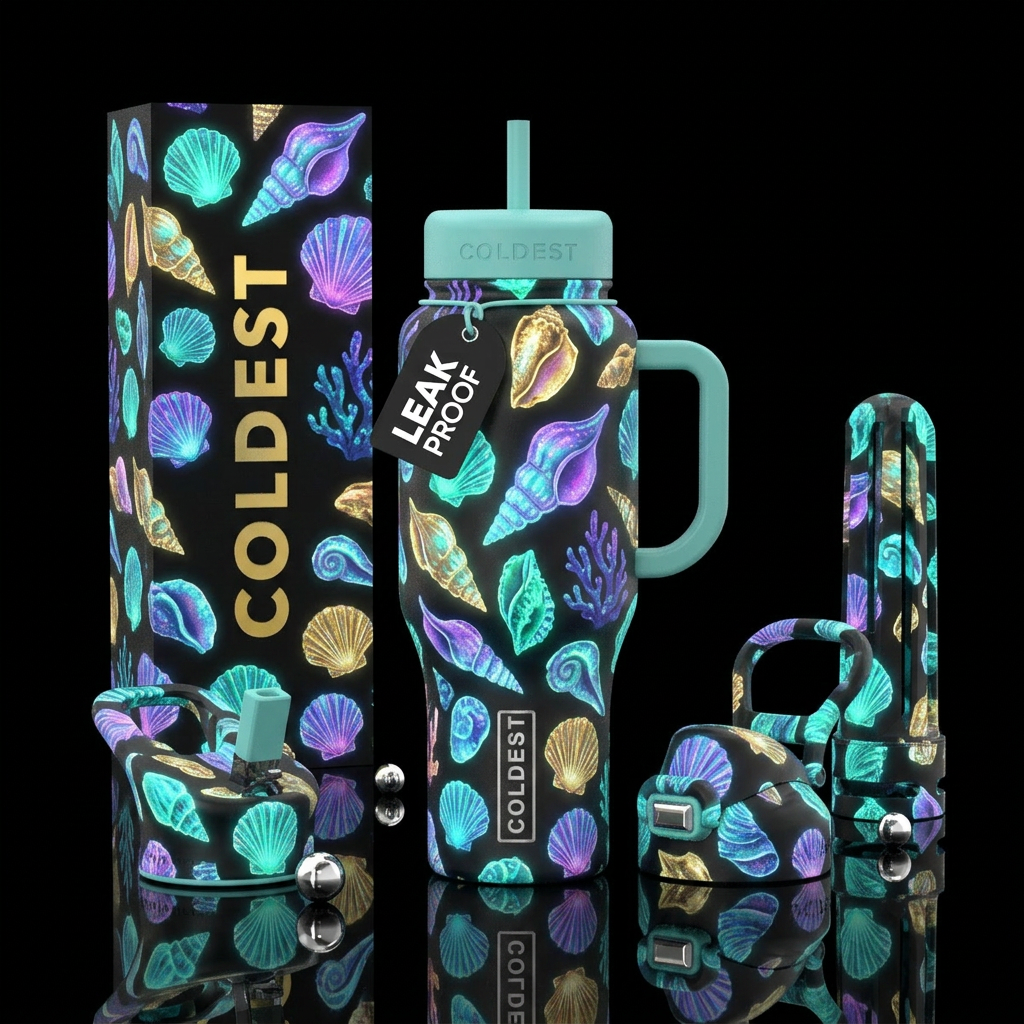 Whimsical and magical glowing seashells all around... water bottle design