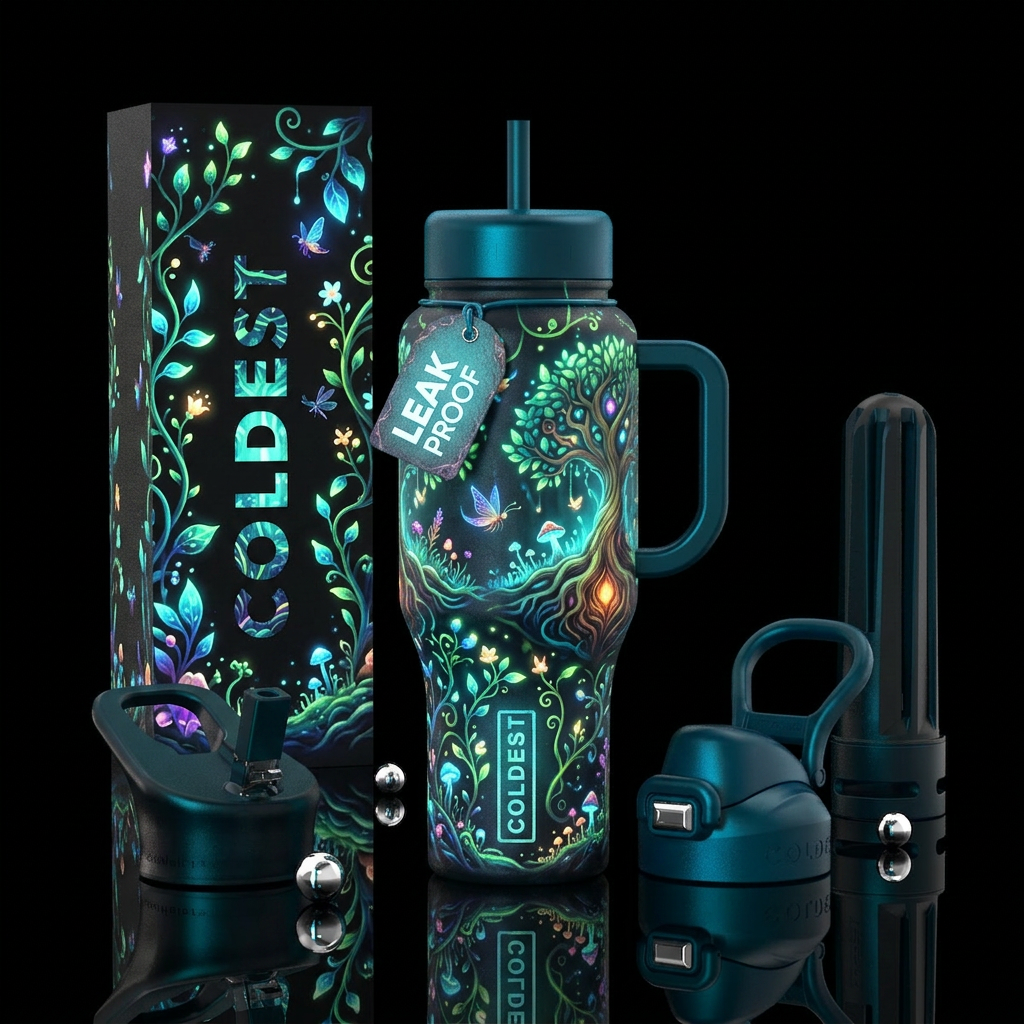 Whimsical and magical garden of of life that glows water bottle design
