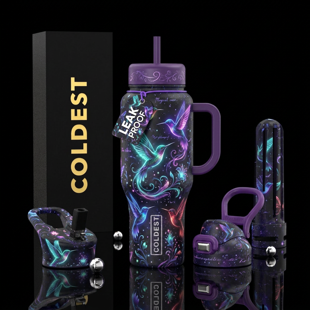 Whimsical and magical of hummingbirds glowing water bottle design