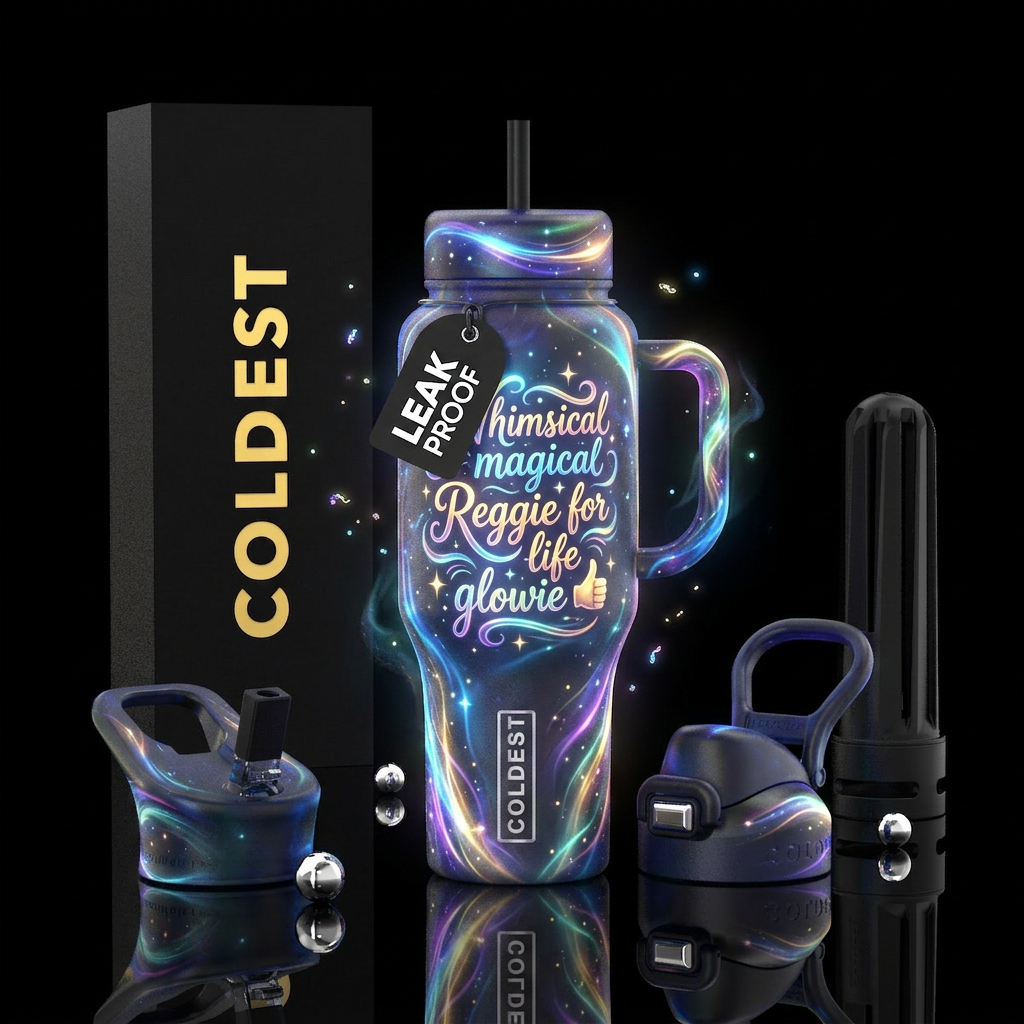 Whimsical magical Reggie for life glowie 👍 water bottle design