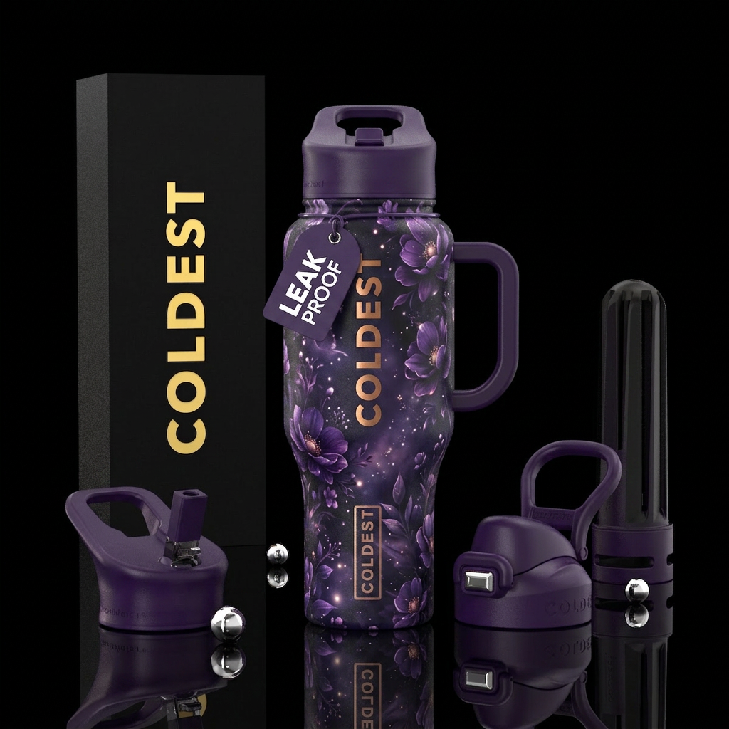 Dark purple whimsical magical flowers 💐 water bottle design
