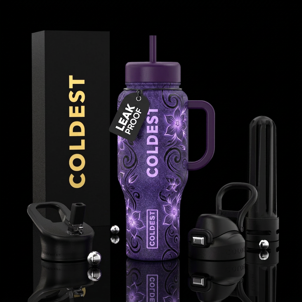 Glowie denim whimsical purple with black swirls gl... water bottle design