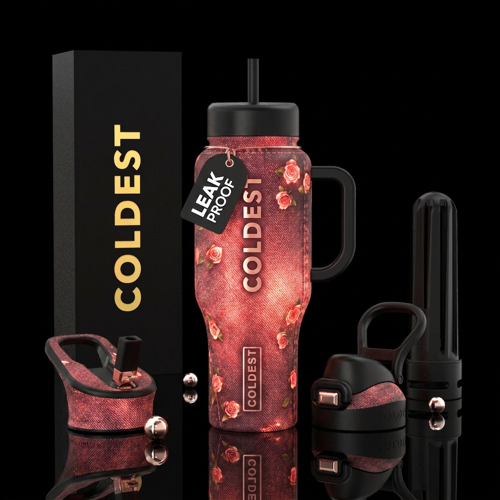 Whimsical glowing with red denim and roses 🌹 water bottle design