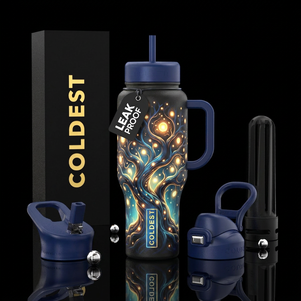 Whimsical magical glowie trees with lights all aro... water bottle design