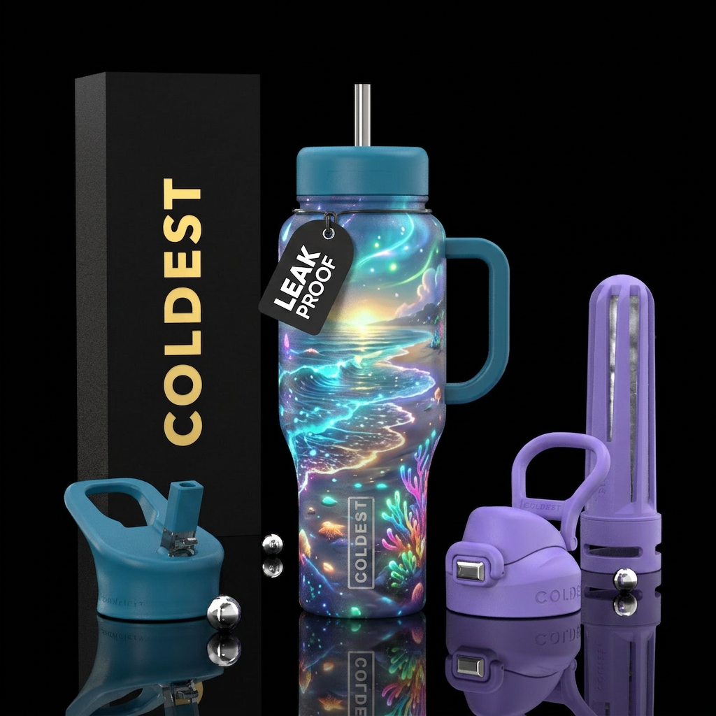 Whimsical magical glowie beachy scenery water bottle design