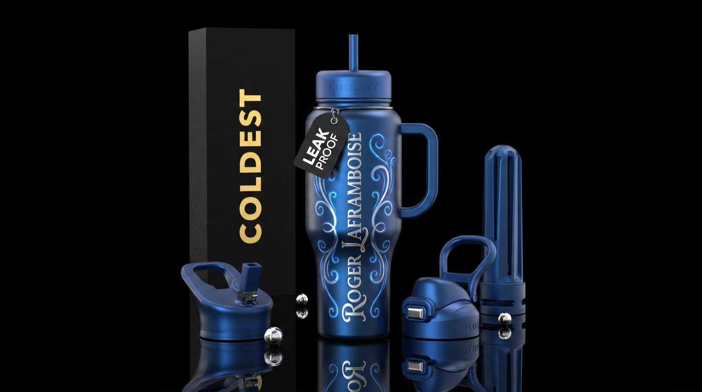 Magical blue lettering with silver swirls with Rog... water bottle design