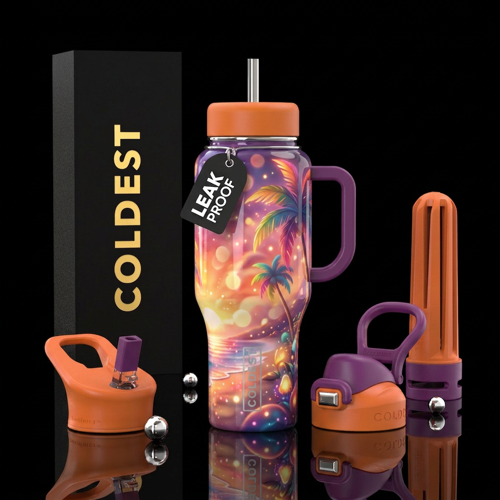 Whimsical magical glowie sunset 🌅 on the beach wi... water bottle design