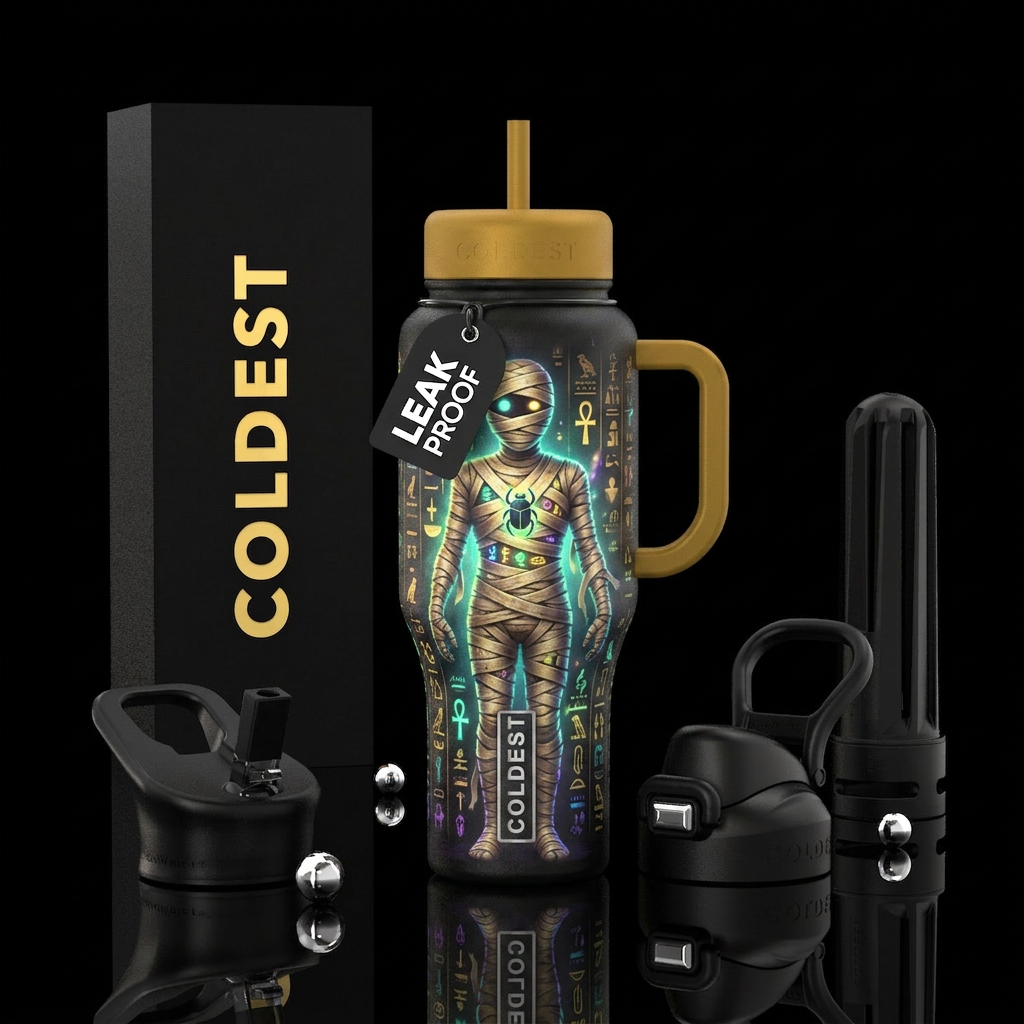 Whimsical magical Egyptian glowing mummy water bottle design