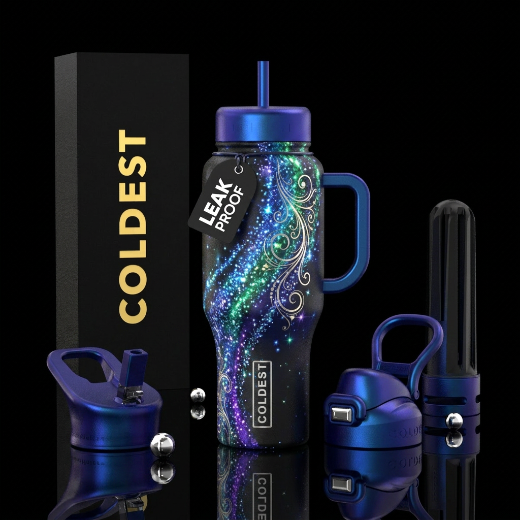 Whimsical magical with alot of sparkling glow with... water bottle design