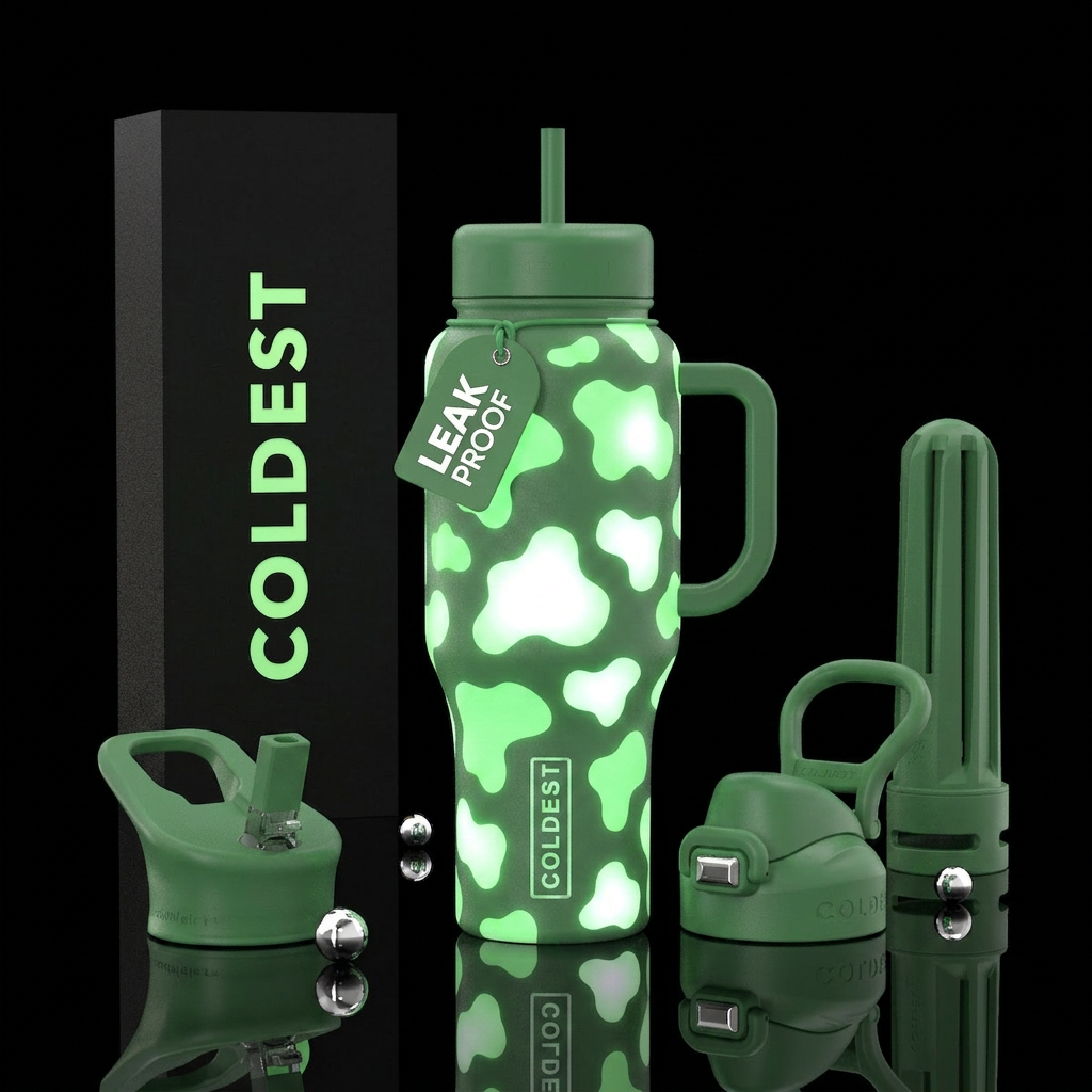 Magical whimsical glowing cow pattern in green wit... water bottle design