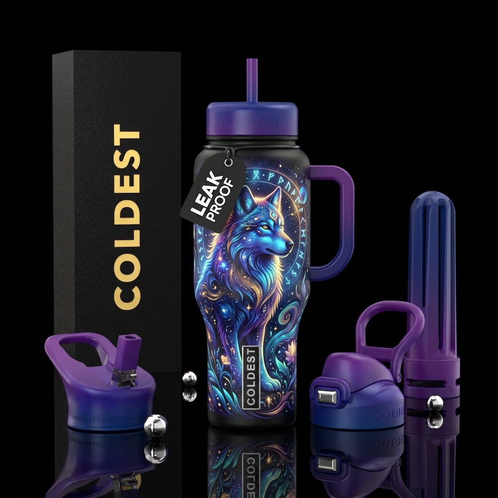 Magical whimsical glowing wolf water bottle design