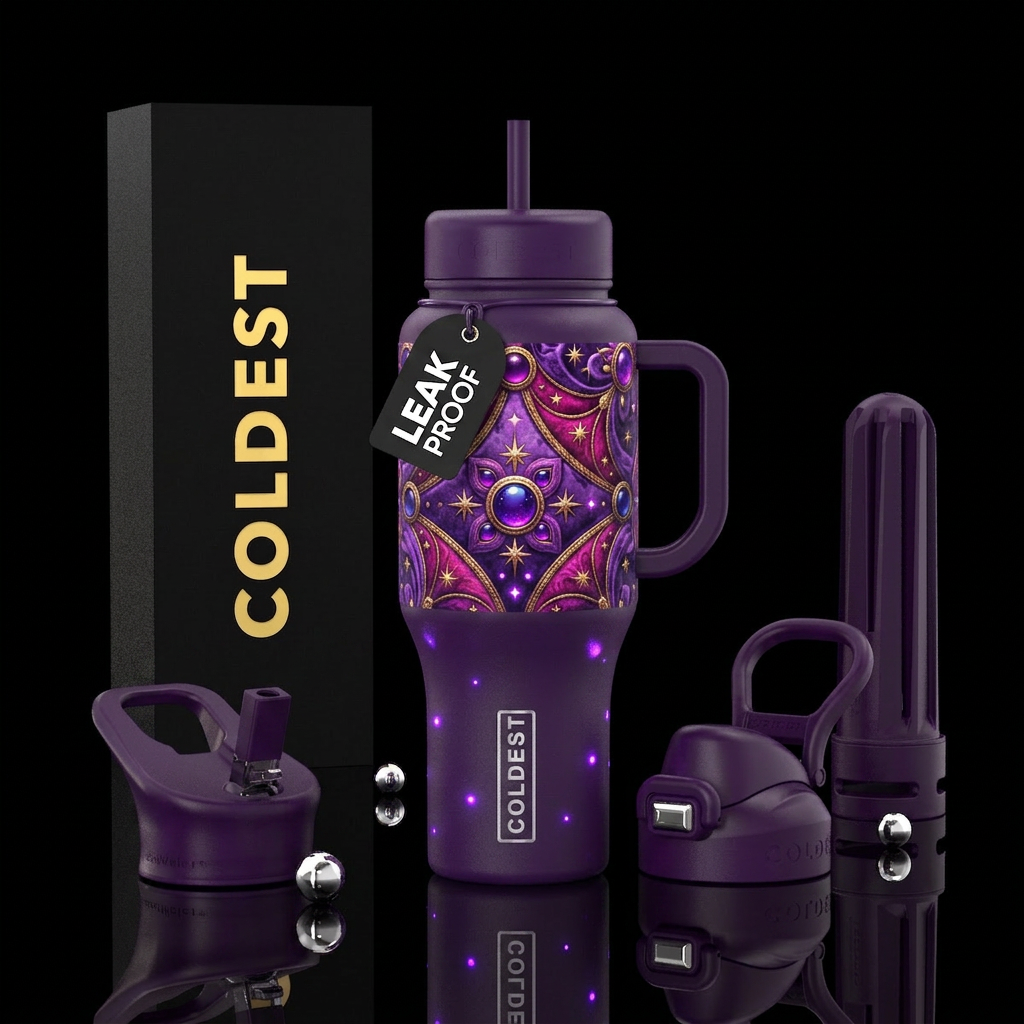 Whimsical magical purple glowing ottoman water bottle design