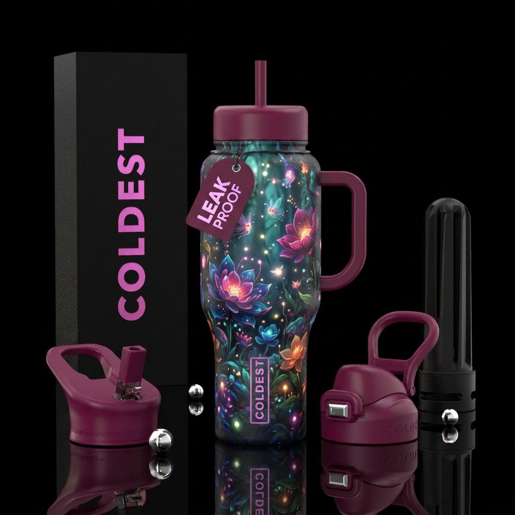 Whimsical magical of glowing floral colors with gl... water bottle design