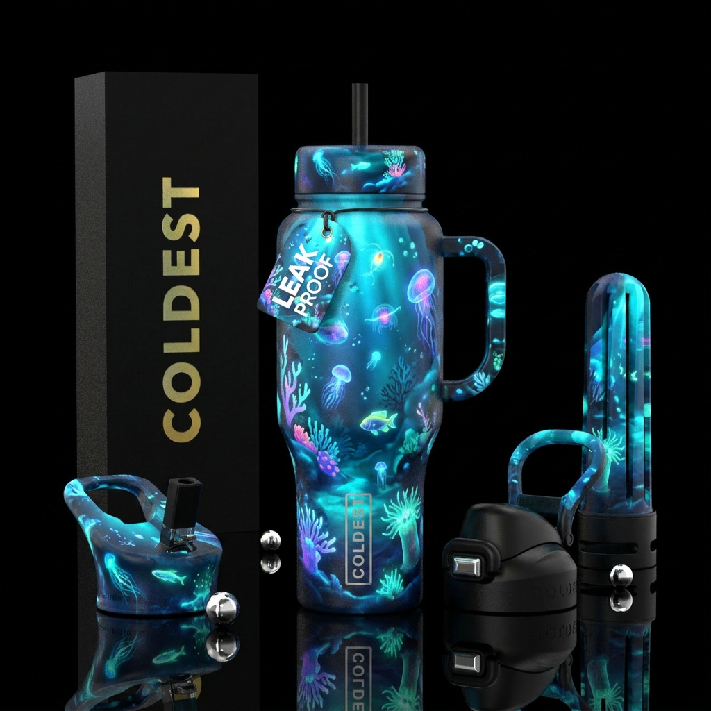 Whimsical magical glowing under the sea glowie water bottle design