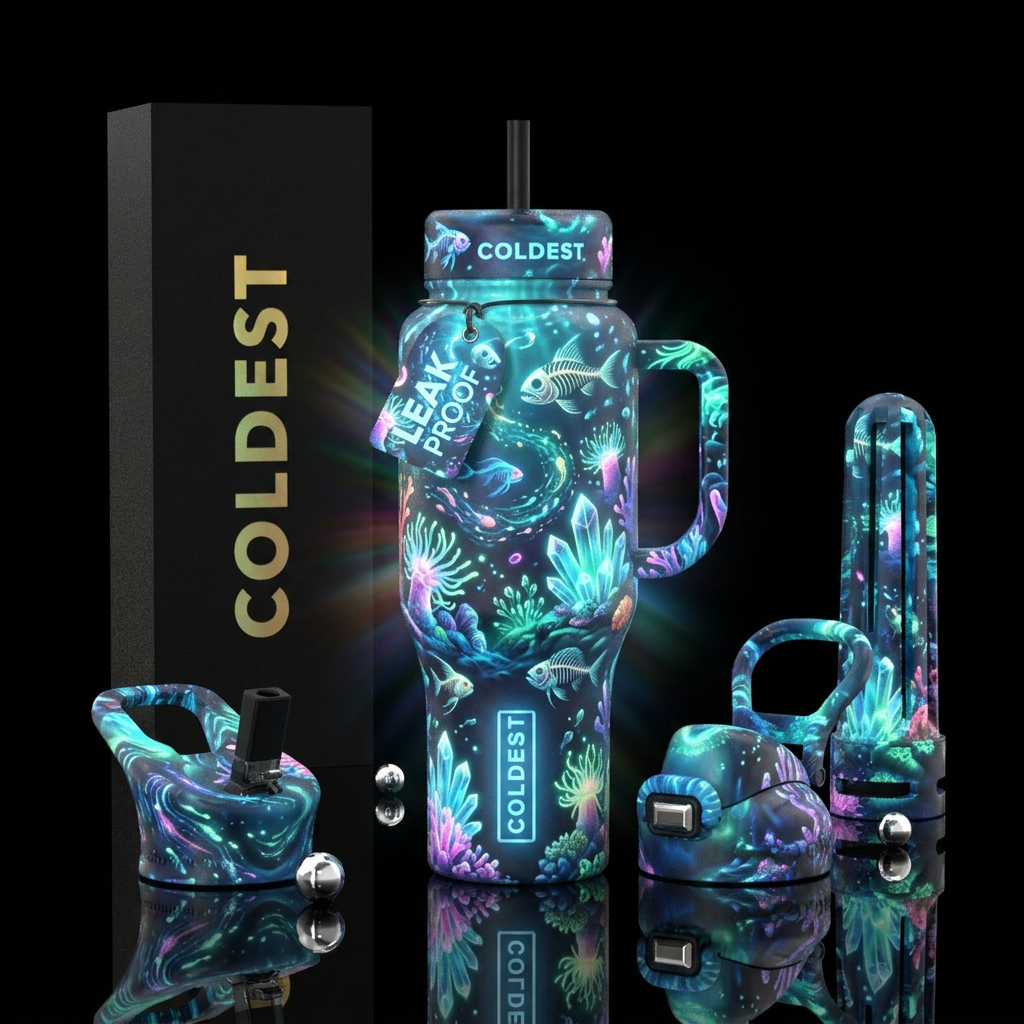 Whimsical magical glowing under the sea glowie water bottle design