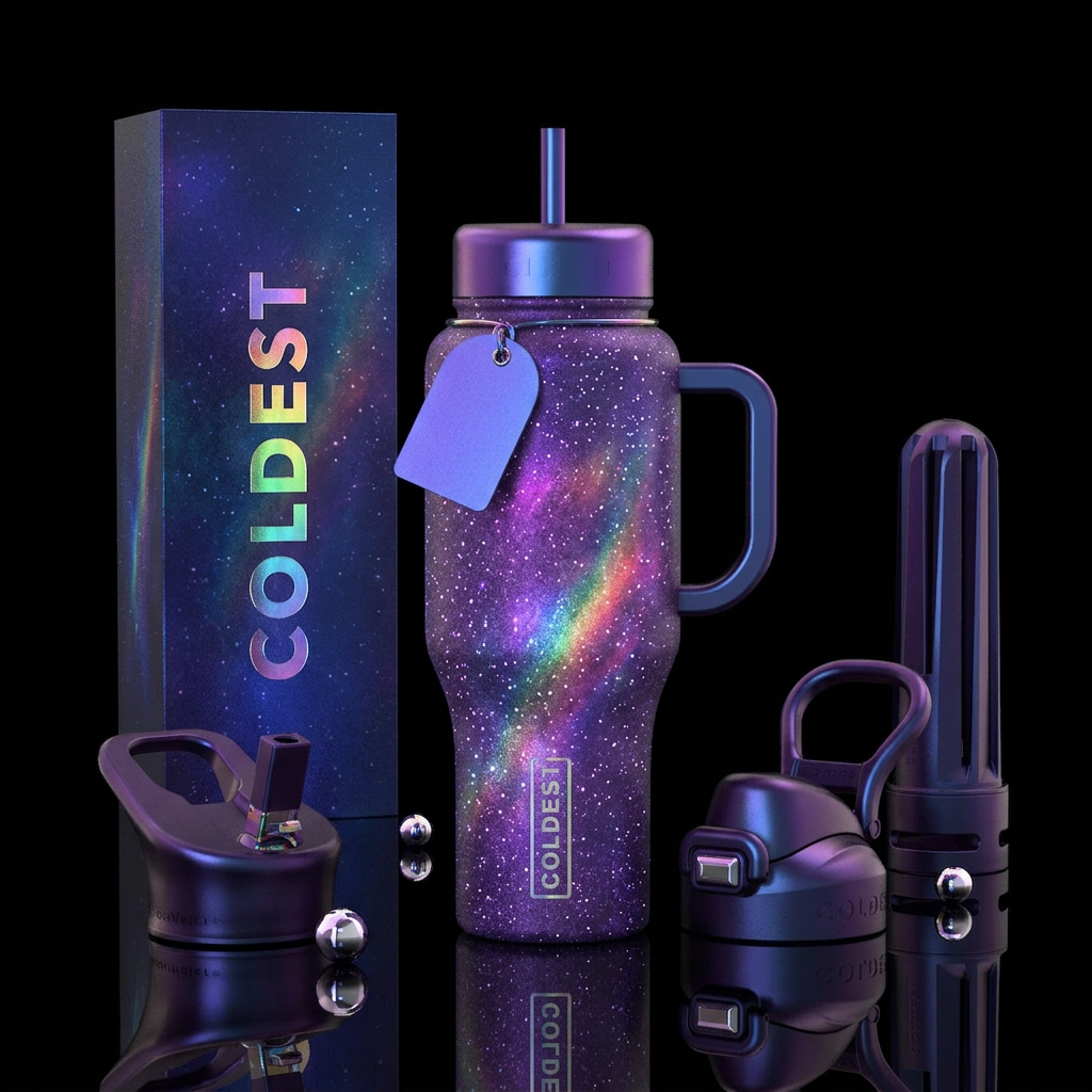 Purple moonlight glowing rainbow water bottle design
